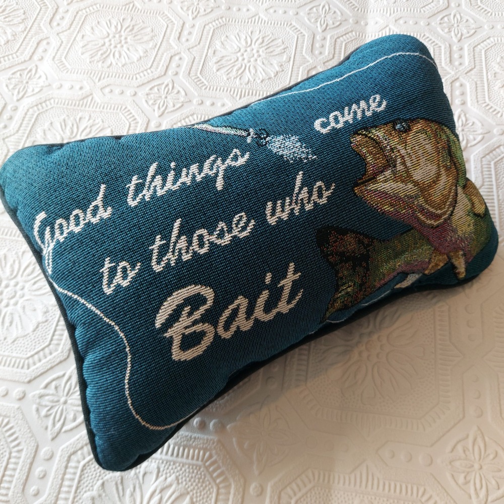 Vintage Woven Fishing Tapestry Accent Pillow Good Things Come To Those Who Bait
